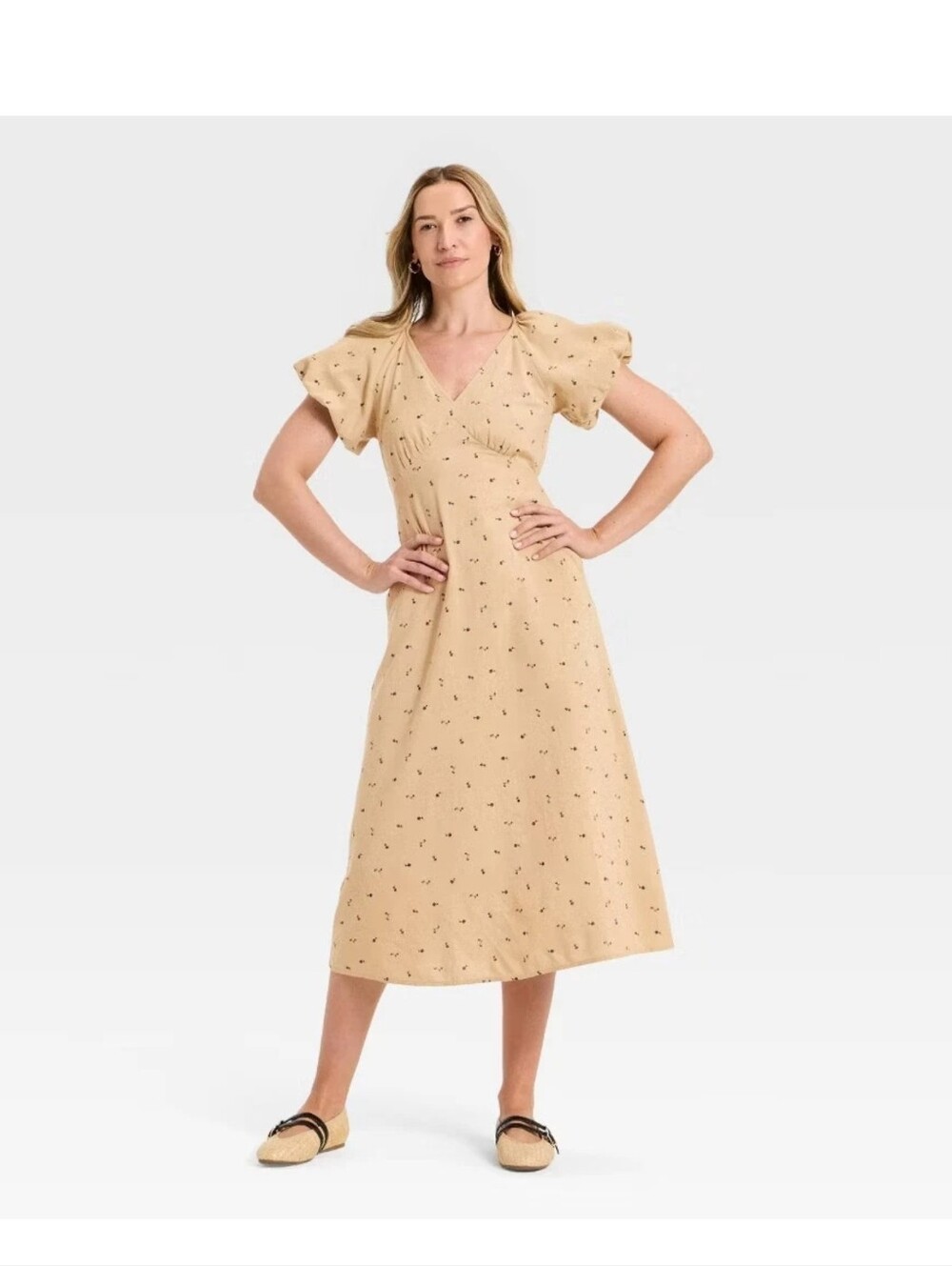 Universal Thread Women's Puff Short Sleeve Midi Sundress Tan Floral Size L